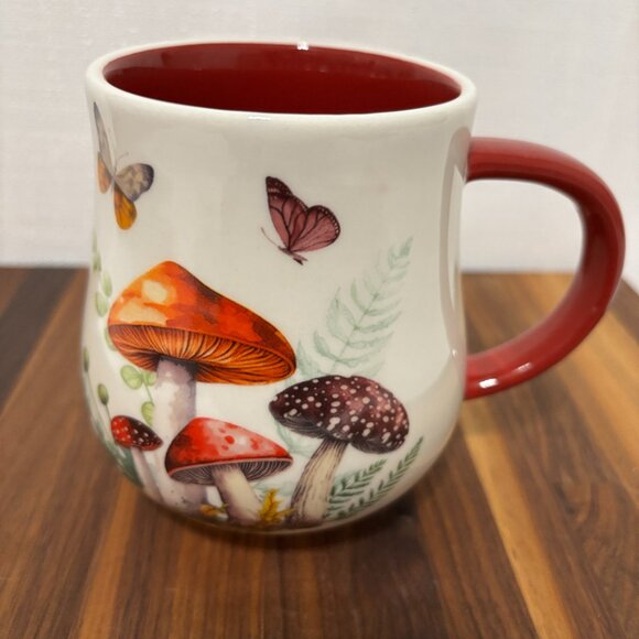 Chelsea Bistro 16oz Mug Mushrooms & Butterflies Red Handle Nature Cottagecore - Picture 2 of 11